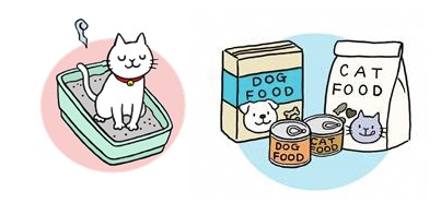イラスト：猫のトイレ、ペットの餌
